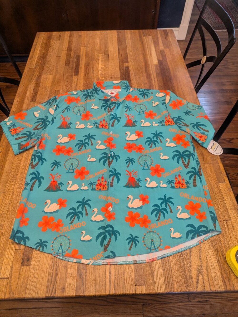 Orlando Button Down Short Sleeves XL Shirt Swans, The Eye, Hibiscus, Palms